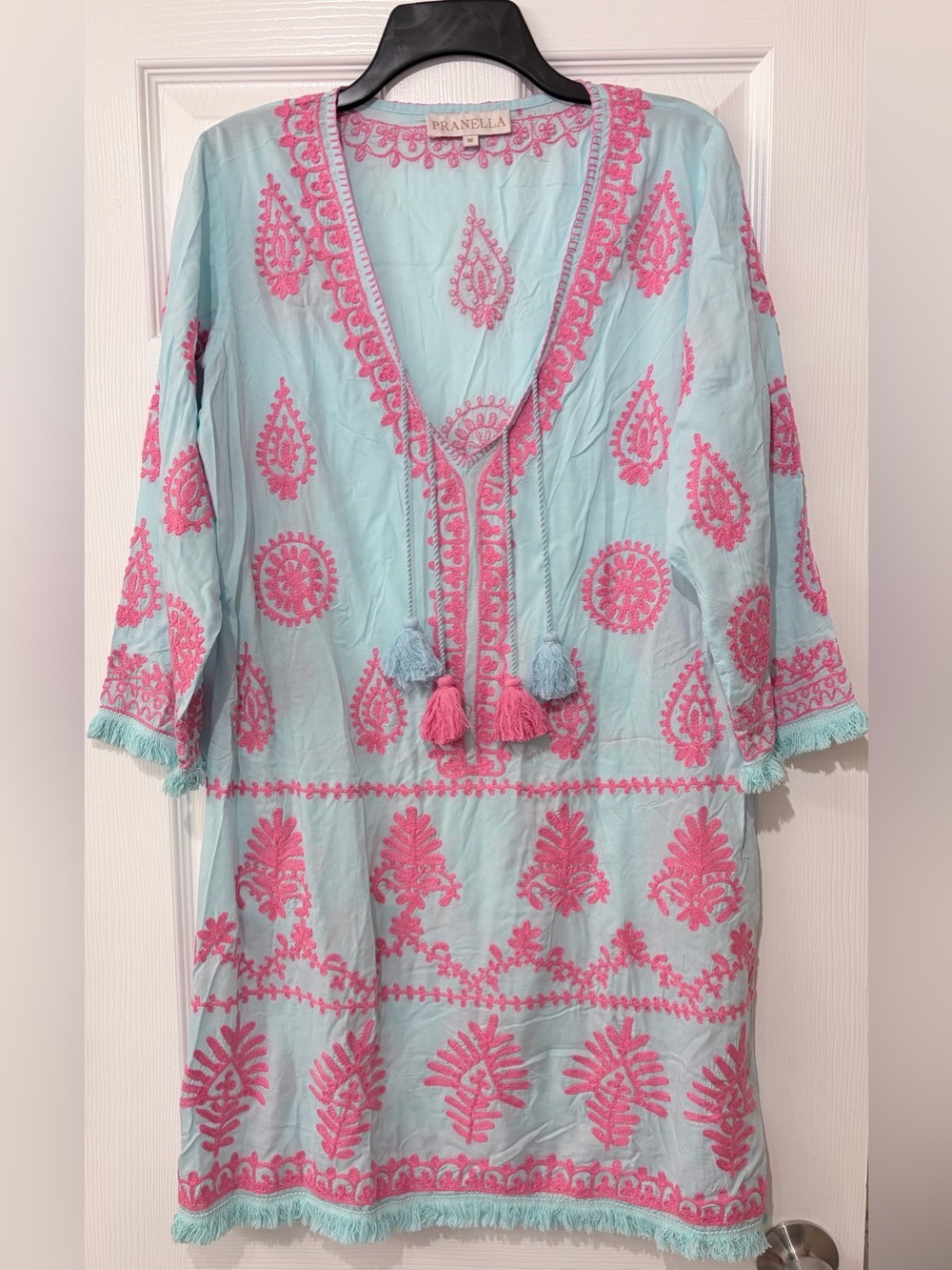 Pranella Turquoise Cover-Up with Pink Embroidery Size M Medium